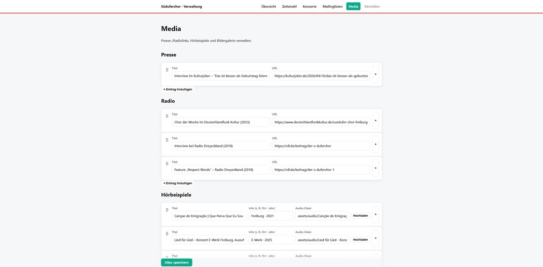 Admin-Panel mit Eingabefeldern für Presse- und Radiolinks sowie Hörbeispiele