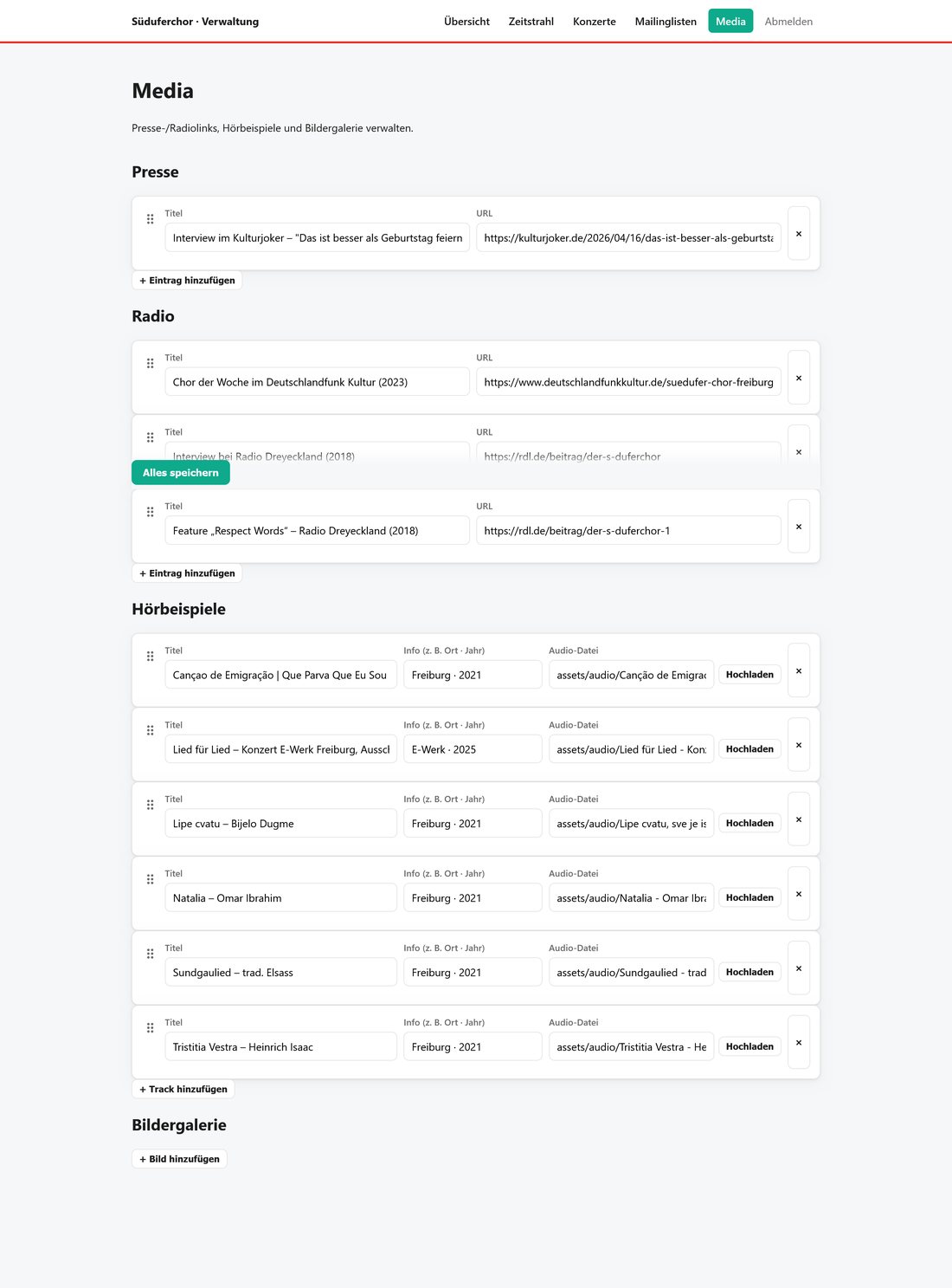 Vollständige Media-Seite im Admin-Panel mit Presse, Radio, Hörbeispielen und Bildergalerie