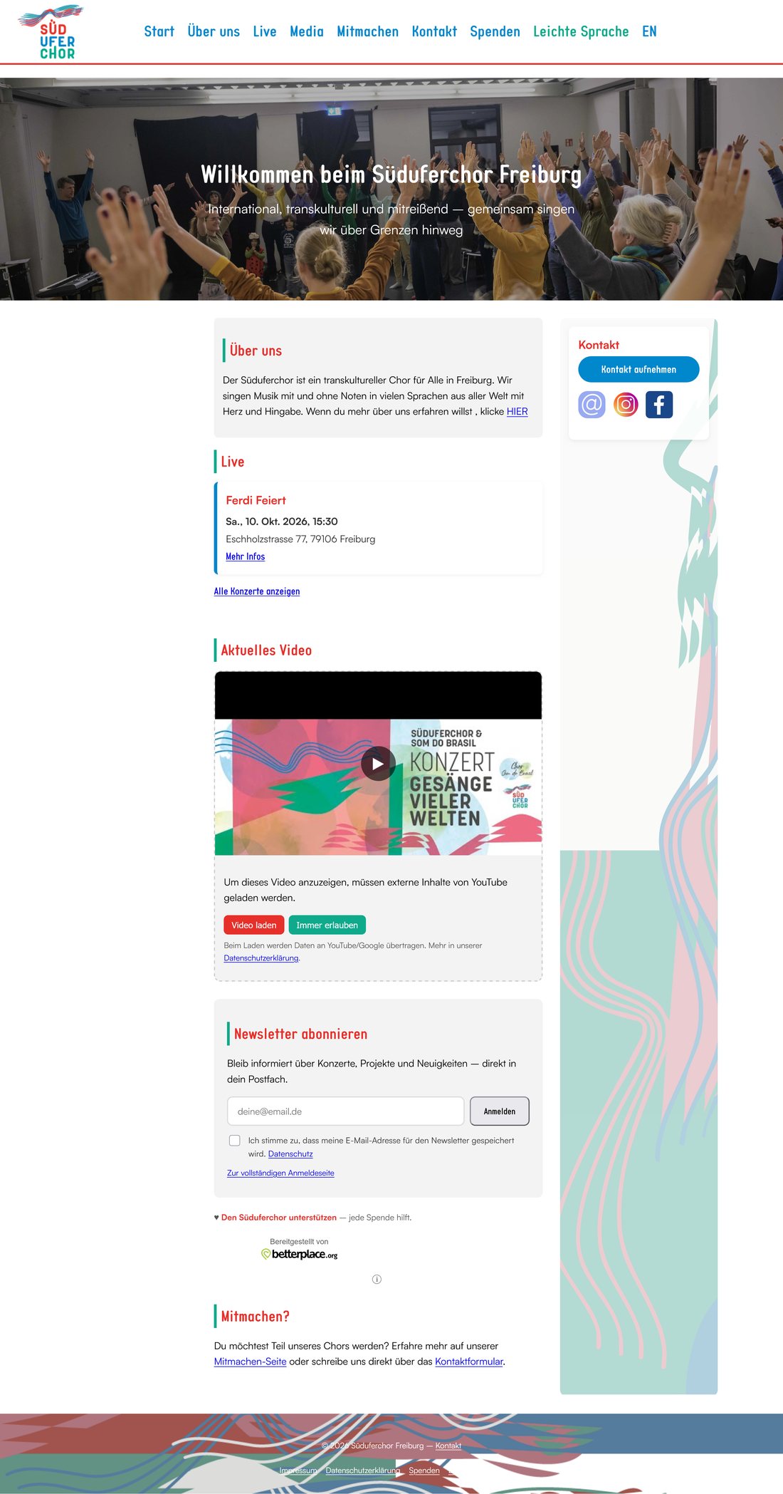 Startseite des Süduferchors von oben bis unten: Begrüßung, Über uns, Termine, Video, Newsletter und Kontakt